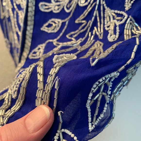 Vintage Gunit beaded silk vest size L royal blue with silver and white beads - Picture 10 of 11